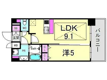 プレサンス三宮東フィール(1DK/12階)の間取り写真