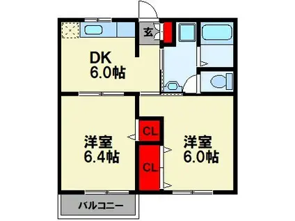ファミール花瀬(2DK/2階)の間取り写真