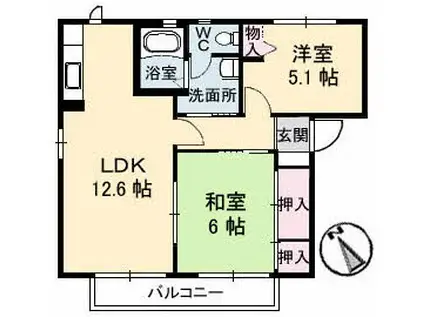 ビューヒルズ若野A棟(2LDK/2階)の間取り写真