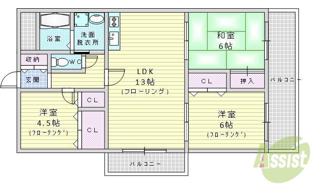 ツインフィールド壱番館(3LDK/3階)の間取り写真