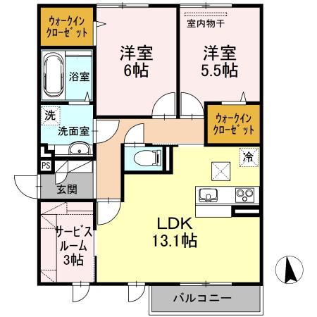 プレジオあくら B棟(2LDK/1階)の間取り写真
