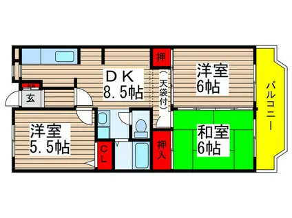 市川グリーンタウン第2ミズホ(3DK/3階)の間取り写真