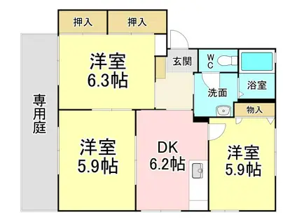 ディアスウエスト  B棟(3DK/1階)の間取り写真