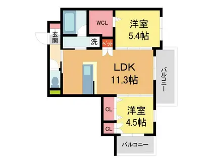 LA VITA西宮北口(2LDK/2階)の間取り写真