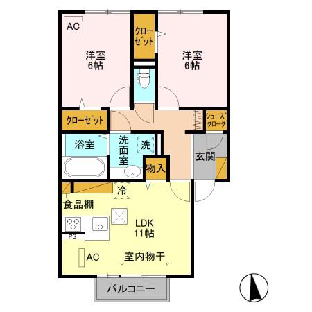 アフィシオン北代田(2LDK/2階)の間取り写真