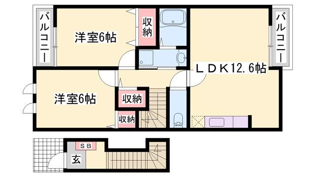 プラシード和 上郡B棟(2LDK/2階)の間取り写真