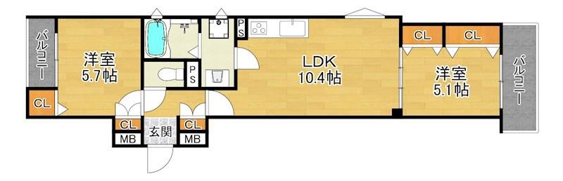 クリエオーレ私市山手(2LDK/1階)の間取り写真
