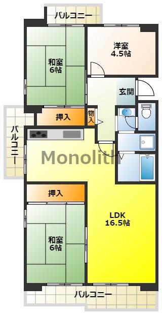 泉北城山台2丁17号棟(3LDK/4階)の間取り写真