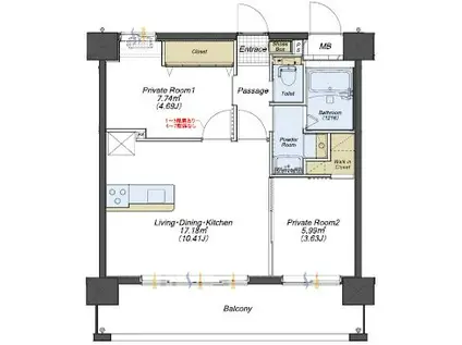 ナナザスタイル小笹(2LDK/7階)の間取り写真