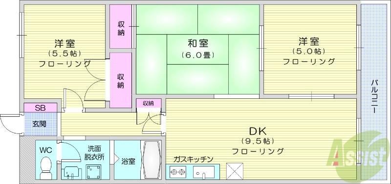 ROOMYかんの(3DK/2階)の間取り写真