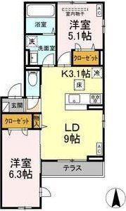 ルリアン小田原(2LDK/1階)の間取り写真