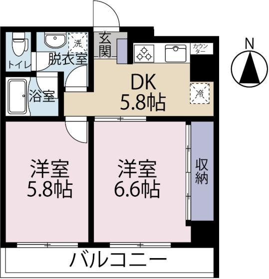シャムロック城山(2DK/6階)の間取り写真