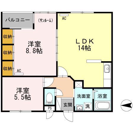 アベニール布瀬(2LDK/1階)の間取り写真