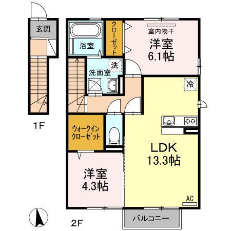 D-ROOM桜 B棟(2LDK/2階)の間取り写真
