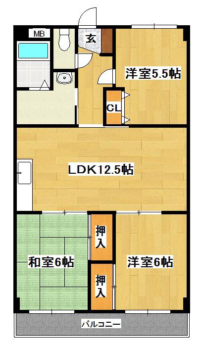 グリーンヴィレッジ則松(3LDK/3階)の間取り写真
