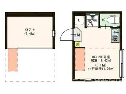 ハーモニーテラス赤羽西(ワンルーム/2階)の間取り写真