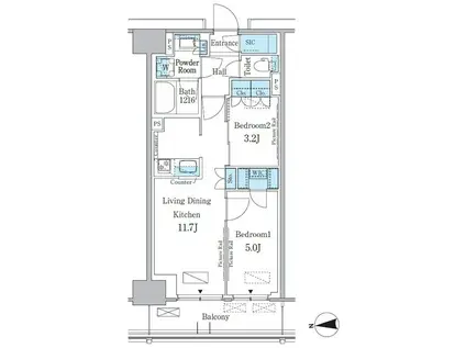 パークアクシス新宿百人町(2LDK/5階)の間取り写真