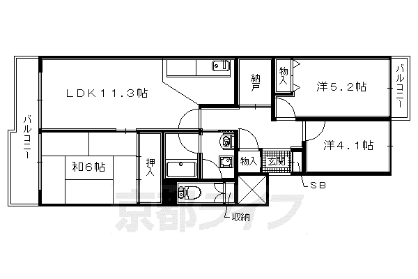 ユニライフ宇治C棟(3LDK/3階)の間取り写真
