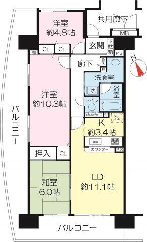ジオ枚方(3LDK/11階)の間取り写真