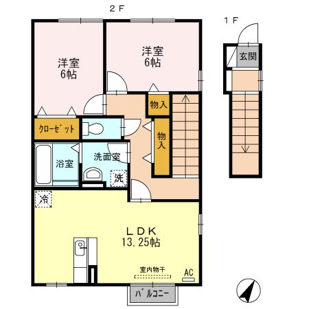 ブランズ開 A棟(2LDK/2階)の間取り写真