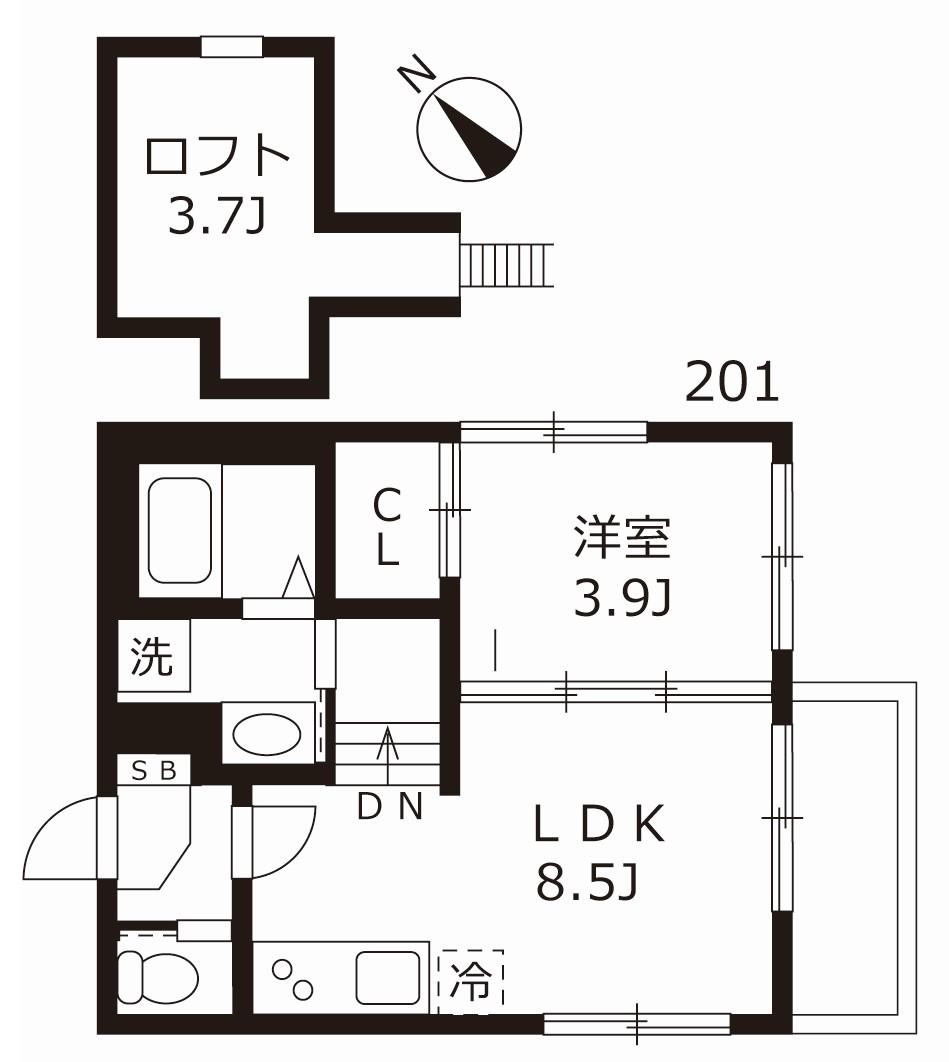 ハーモニーテラス志賀町X(1LDK/2階)の間取り写真