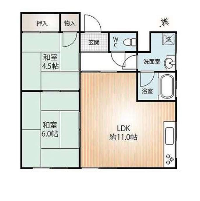 観音山ハイツ東棟(2LDK/1階)の間取り写真