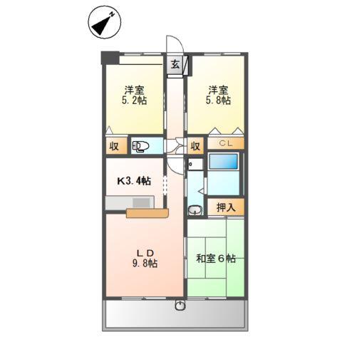 グランディール高野台(3LDK/3階)の間取り写真
