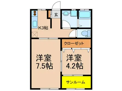 リヴィエールB棟(2K/1階)の間取り写真