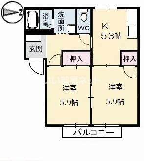 フローラル一の宮 A棟(2K/2階)の間取り写真
