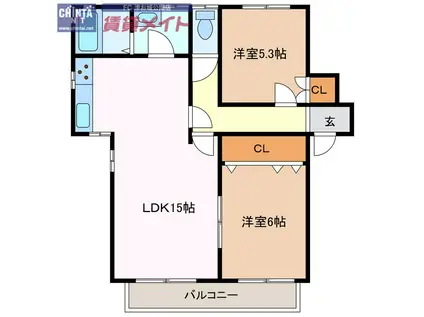 ベレヴューA(2LDK/2階)の間取り写真