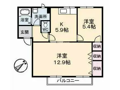 フレグランスまほろばB棟(2K/2階)の間取り写真