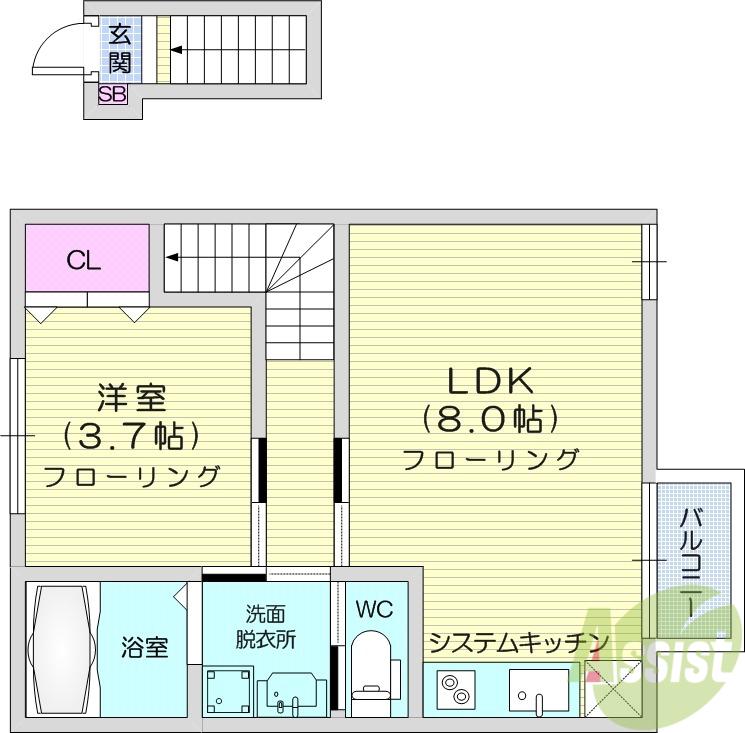 エクシリア東仙台Ⅱ(1LDK/2階)の間取り写真
