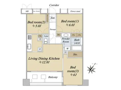 東京月島ガーデンハウス(3LDK/8階)の間取り写真