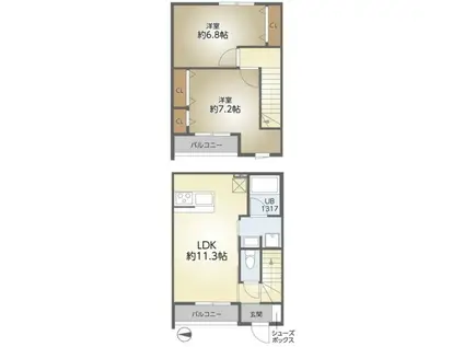 VIVACE西難波(2LDK/1階)の間取り写真