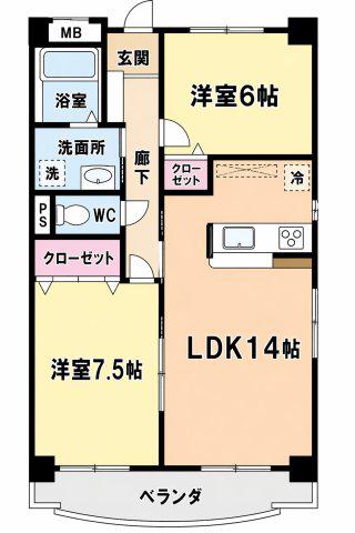 ハピネ音聞山(2LDK/1階)の間取り写真