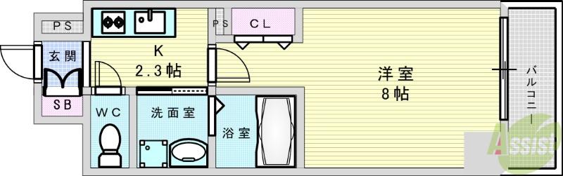 グランヴェルデ吹田(1K/2階)の間取り写真