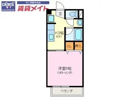 近鉄山田線 宮町駅 徒歩15分 2階建 築29年(1K/2階)の間取り写真