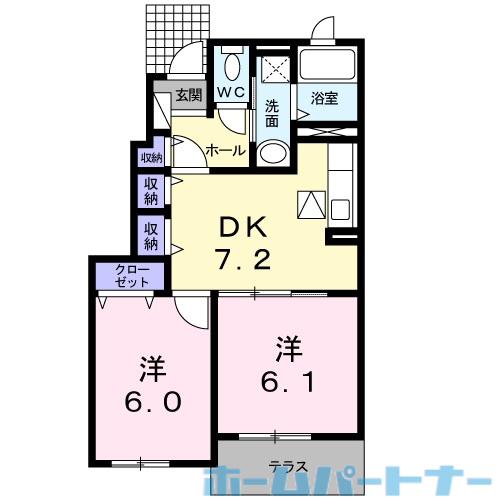 ルピナスB(2DK/1階)の間取り写真