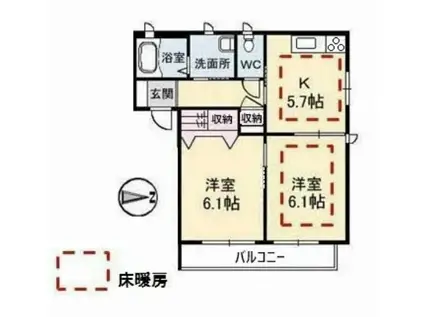 ウインドミルB棟(2K/1階)の間取り写真