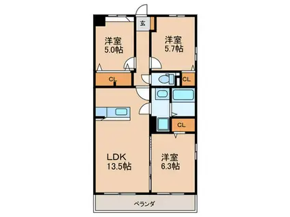 プレジデント白水V(3LDK/3階)の間取り写真