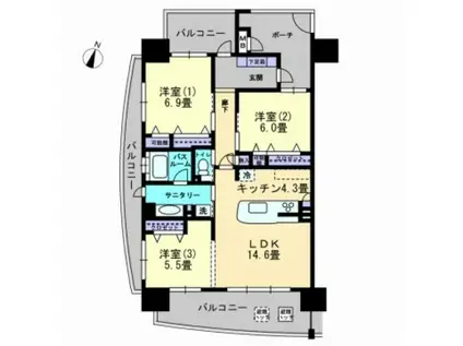 アルファステイツ市駅南(3LDK/4階)の間取り写真