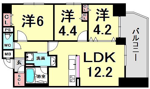 サムティグランツ神戸(3LDK/12階)の間取り写真