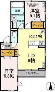 ルリアン小田原(2LDK/2階)の間取り写真