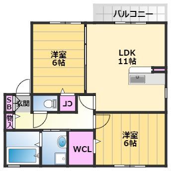 クロッシュデュボヌール2(2LDK/2階)の間取り写真