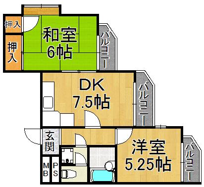 ダンディライオン宝塚Ⅱ(2DK/3階)の間取り写真