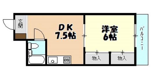 免出ビル(1DK/2階)の間取り写真