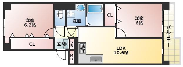 あべのC1コーポ(2LDK/1階)の間取り写真