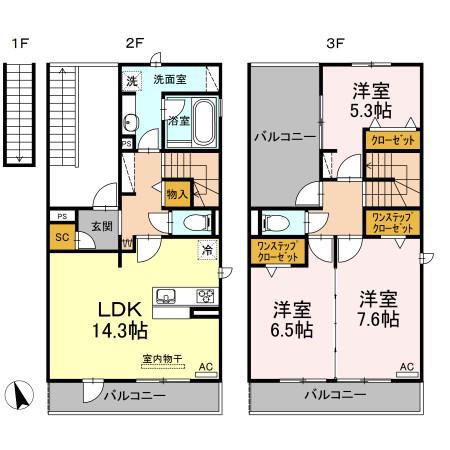 名鉄名古屋本線 本星崎駅 徒歩16分 3階建 築9年(3LDK/2階)の間取り写真