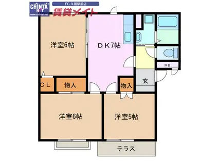 ニューウェーブB棟(3DK/1階)の間取り写真