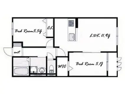 垂水区東垂水アパート北棟(2LDK/2階)の間取り写真